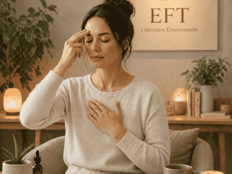 Femme pratiquant l’EFT dans un cabinet thérapeutique zen, tapotement sur le visage pour libérer les émotions et apaiser le stress dans une ambiance bien-être douce et naturelle.