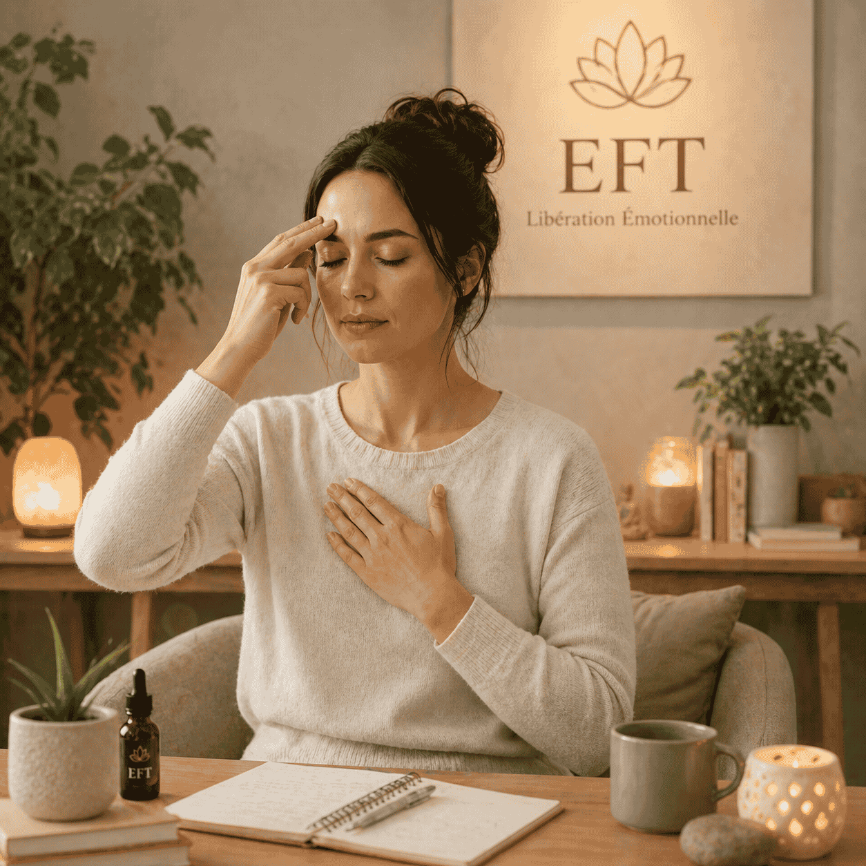 Femme pratiquant l’EFT dans un cabinet thérapeutique zen, tapotement sur le visage pour libérer les émotions et apaiser le stress dans une ambiance bien-être douce et naturelle.