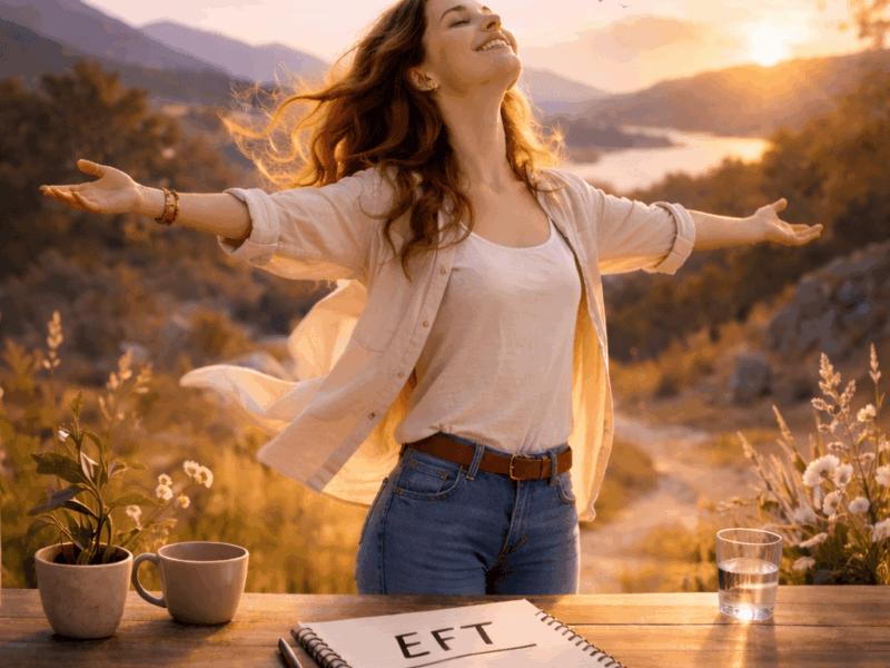 Femme en posture de libération émotionnelle en pleine nature illustrant la transformation intérieure et la libération des croyances limitantes grâce à l’EFT