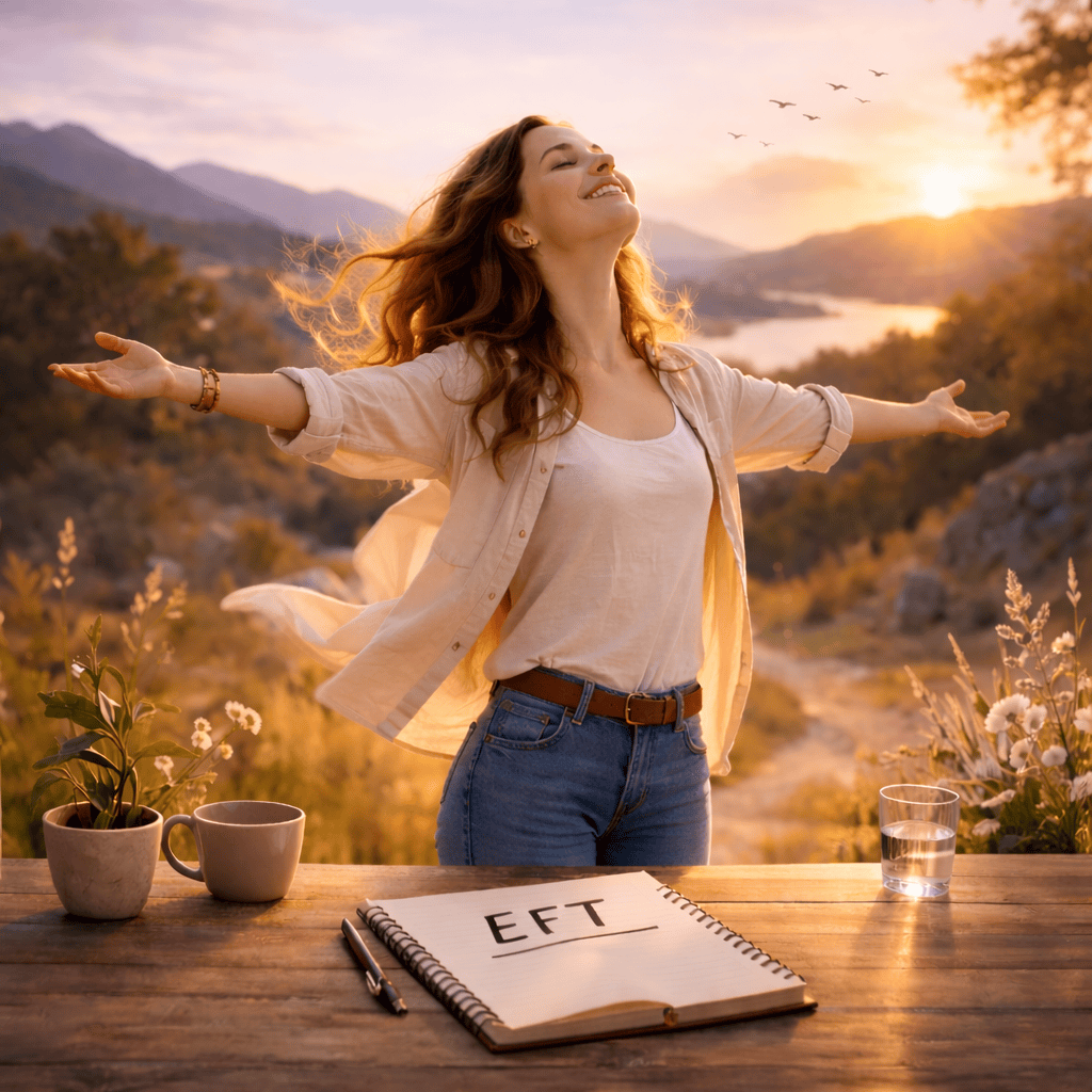 Femme en posture de libération émotionnelle en pleine nature illustrant la transformation intérieure et la libération des croyances limitantes grâce à l’EFT