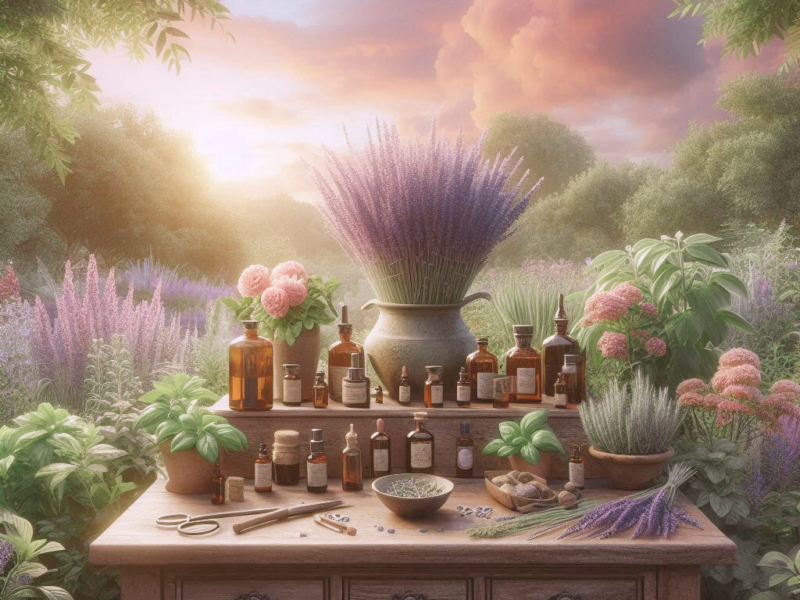 Les Trésors Thérapeutiques des Huiles Essentielles: un comptoir au milieu d'un jardin sur lequel sont disposées différentes huiles essentielles