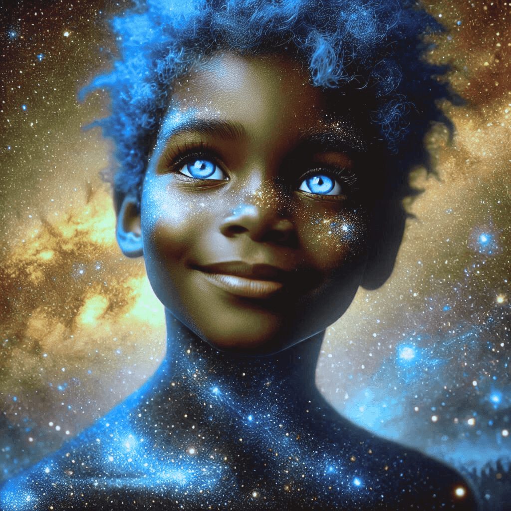 Portrait artistique d’un enfant Indigo aux yeux bleus lumineux, corps parsemé d’étoiles et énergie cosmique symbolisant la nouvelle conscience et le Rayon Indigo.