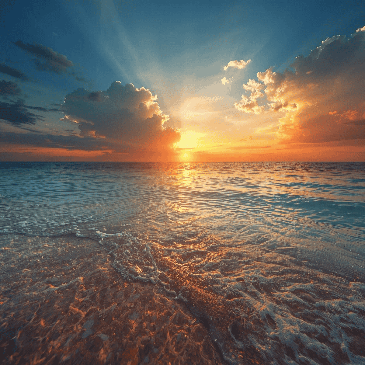 Coucher de soleil doré sur un océan calme à l’eau transparente sous un ciel bleu orangé parsemé de nuages lumineux.