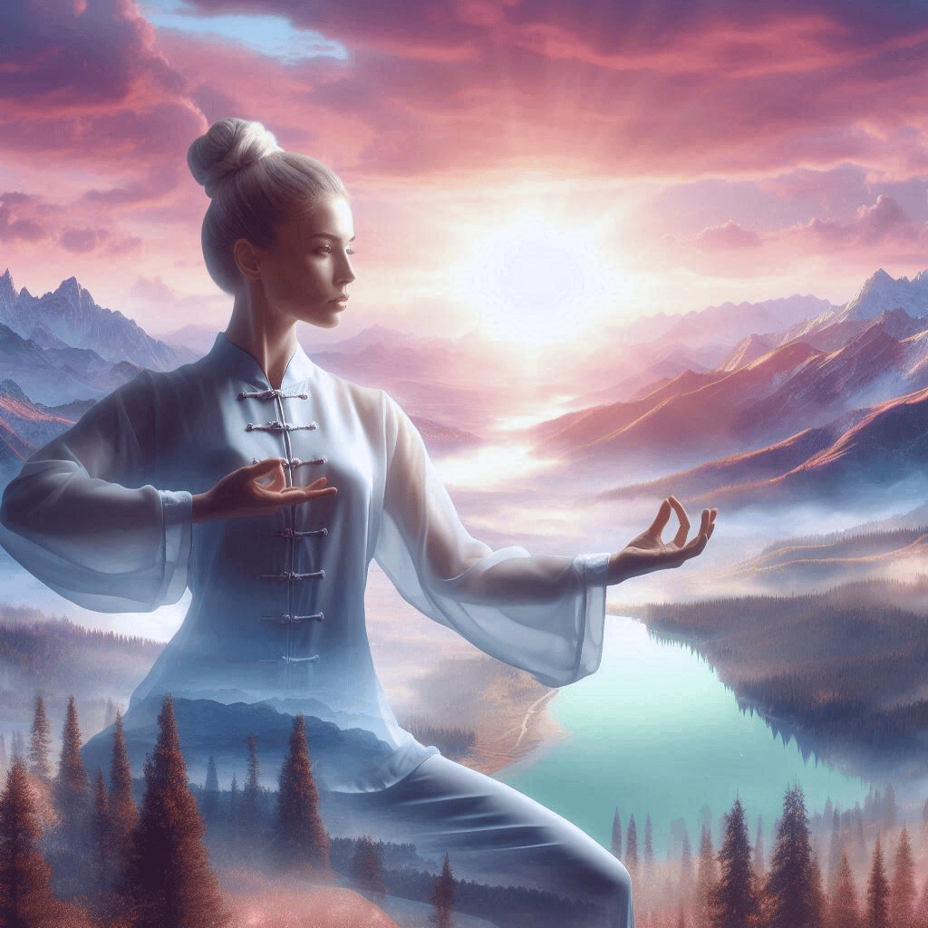 Le Pouvoir et les Bienfaits du Tai Chi: Une scène paisible et spirituelle au lever du soleil. Une femme seule pratiquant le Tai Chi dans une posture gracieuse, face au soleil levant.