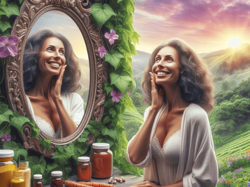 Curcuma, Zinc, Maca : Le Trio Anti-Acné à la Ménopause : une femme de 50 ans , souriante, regarde son visage dans un miroir, et sa peau lisse débarassée de ses boutons grâce à des compléments alimentaires naturels.