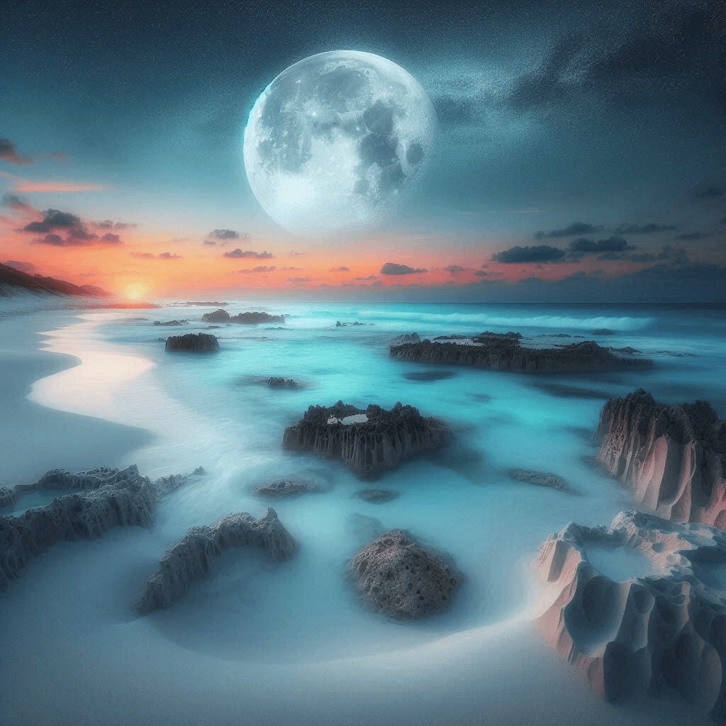 Océan Primordial - Voyage Sonore dans les Profondeurs de l’Être : une plage magnifique et l'océan à perte de vue sous la lune et la voute céleste