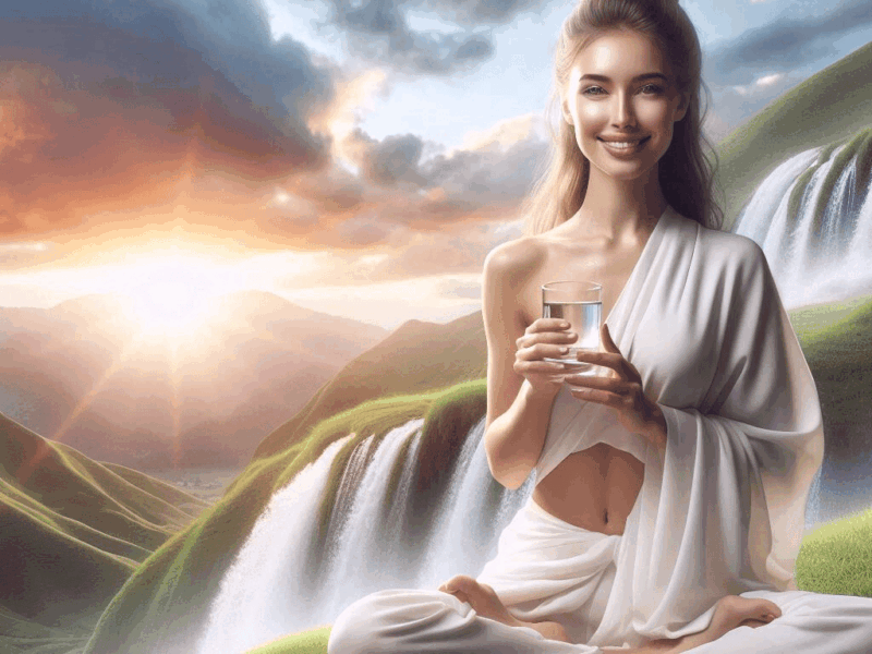 Les Bienfaits Profonds du Jeûne sur le Corps et l'Esprit une belle femme respirant la santé médite dans la nature , elle tient un verre d'eau à la main