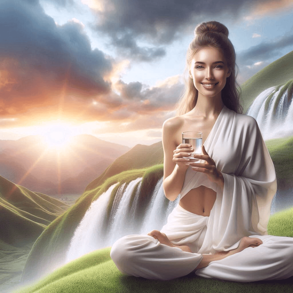 Les Bienfaits Profonds du Jeûne sur le Corps et l'Esprit une belle femme respirant la santé médite dans la nature , elle tient un verre d'eau à la main