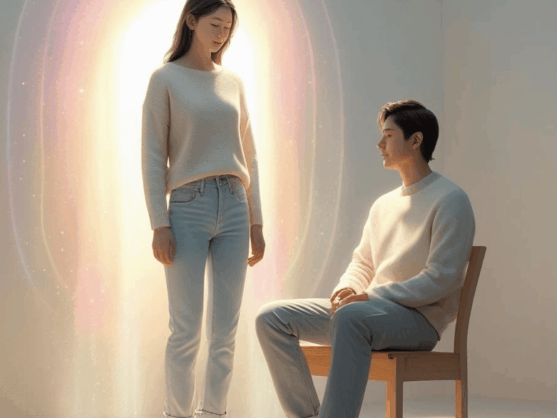 Apprendre à Lire l’Aura : un jeune homme analyse l'aura d'une jeune femme debout contre un mur blanc