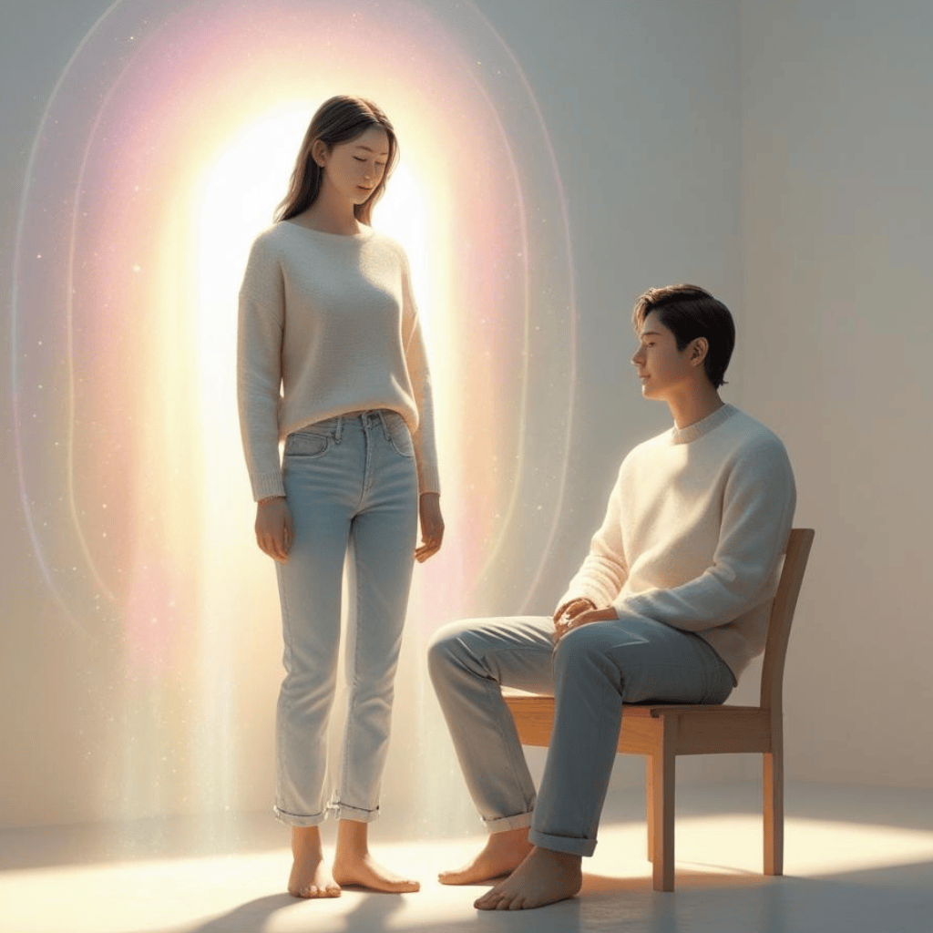 Apprendre à Lire l’Aura : un jeune homme analyse l'aura d'une jeune femme debout contre un mur blanc