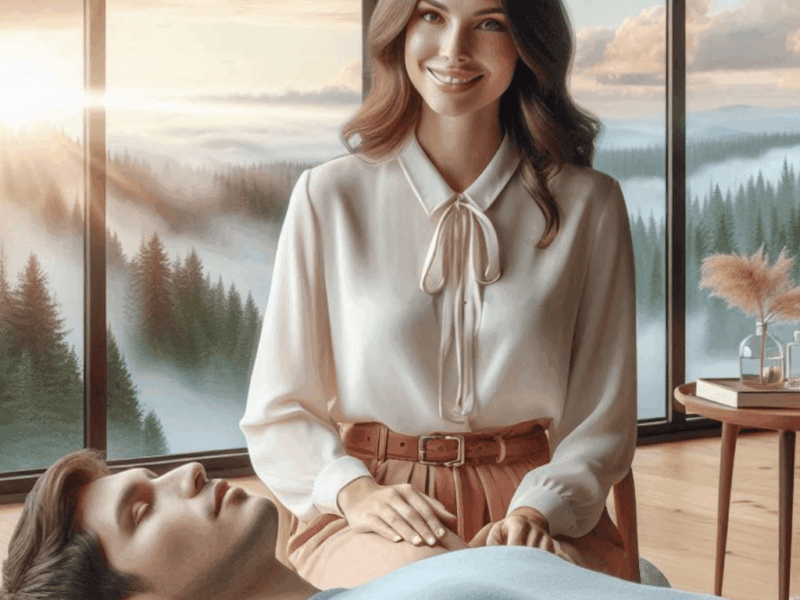 Hypnose Ericksonienne Activez votre Pouvoir Intérieur de Guérison ; une hypnothérapeute confiante hypnotise son patient étendu sur un sofa