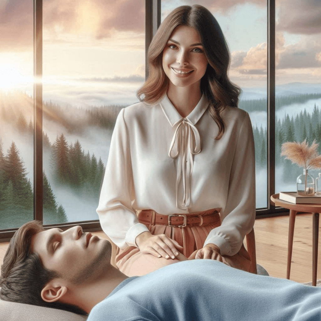 Hypnose Ericksonienne Activez votre Pouvoir Intérieur de Guérison ; une hypnothérapeute confiante hypnotise son patient étendu sur un sofa