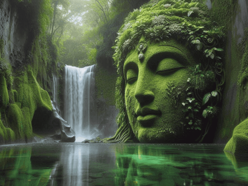 Terre Divine Musique Spirituelle de Connexion à la Terre une cascade au milieu d'une foret luxuriante et une statue de pierre sculptée en forme de visage féminin incarnant la déesse terre
