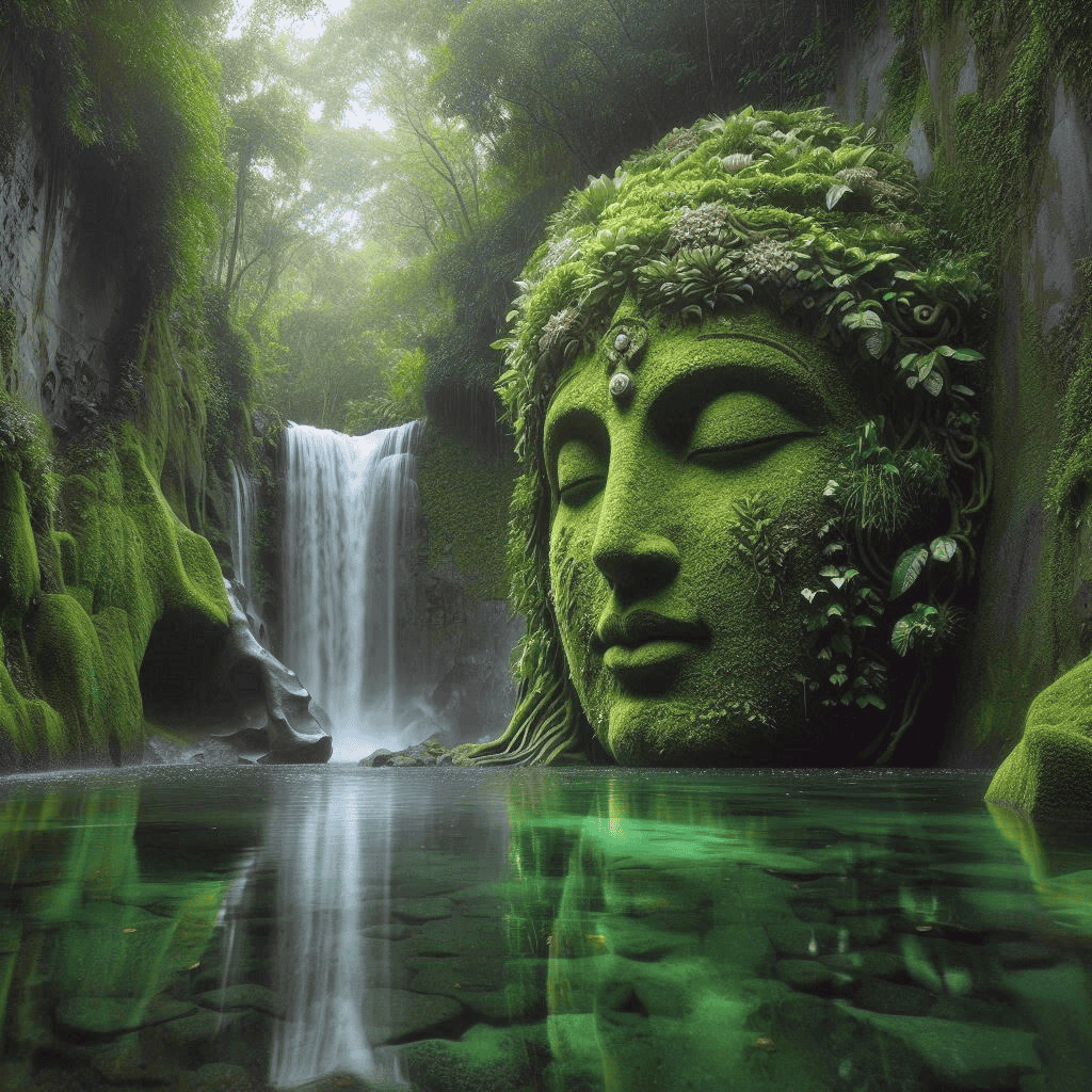 Terre Divine Musique Spirituelle de Connexion à la Terre une cascade au milieu d'une foret luxuriante et une statue de pierre sculptée en forme de visage féminin incarnant la déesse terre