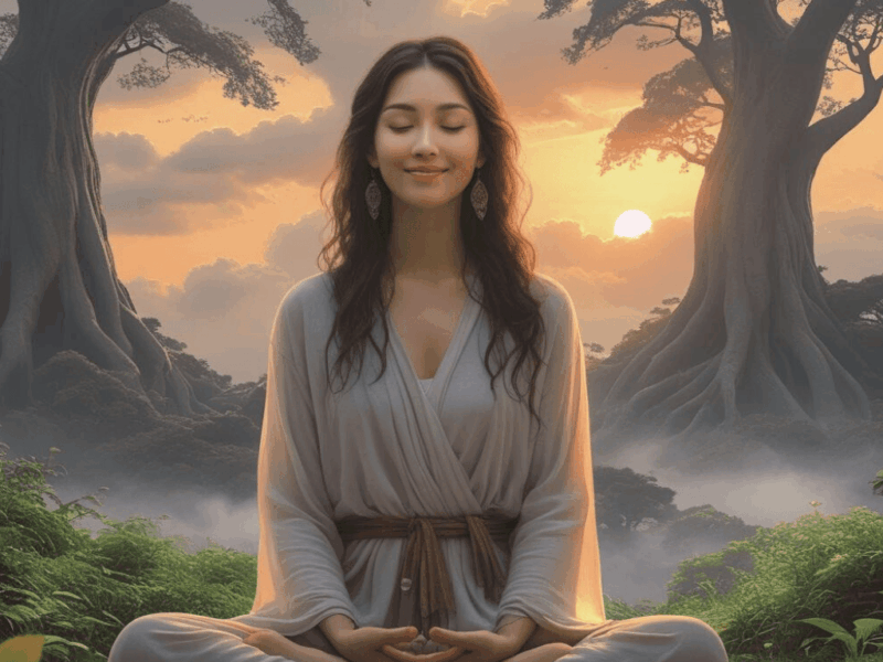 ✨ Comment être en alignement avec soi-même… et le rester ? une belle femme souriante et sereine médite dans la nature
