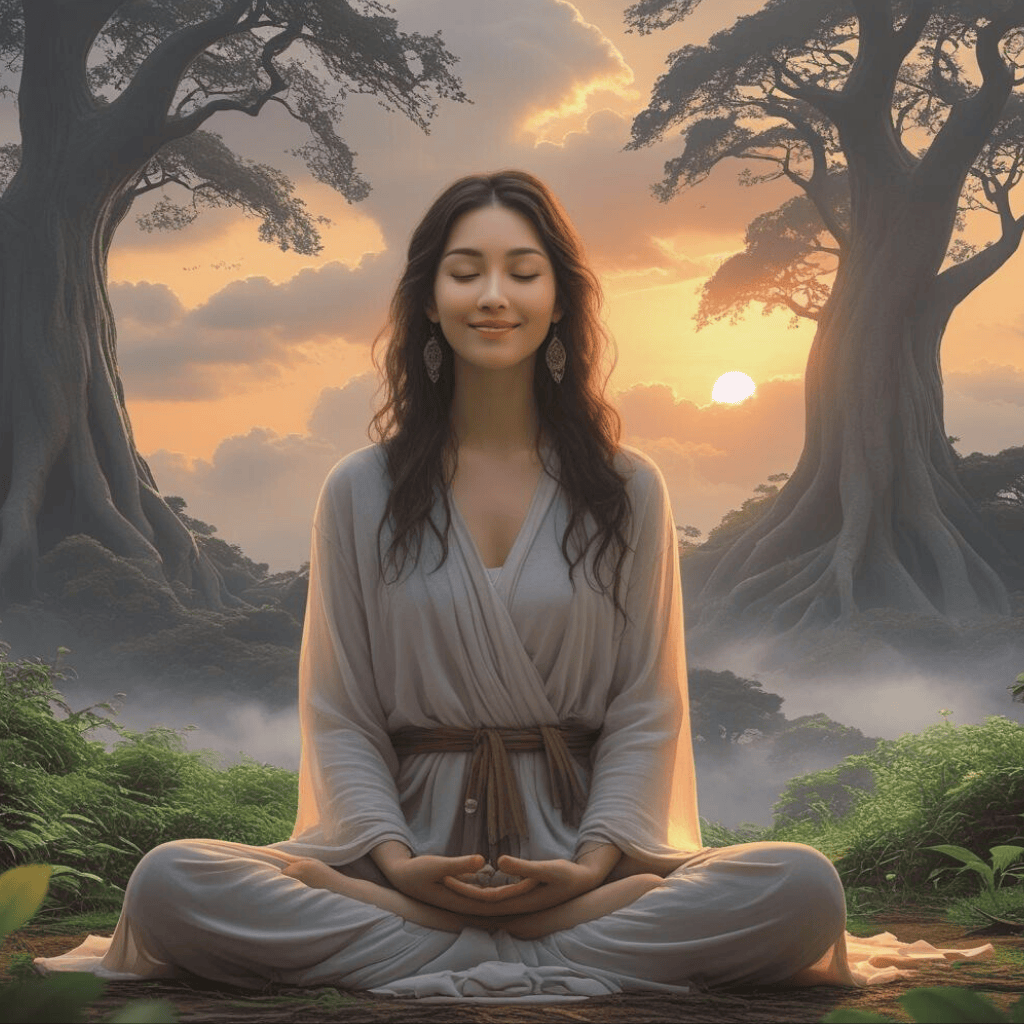 ✨ Comment être en alignement avec soi-même… et le rester ? une belle femme souriante et sereine médite dans la nature