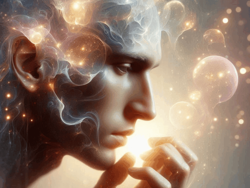 Les Formes Pensées : Créez ou Subissez Vous Votre Réalité ? un visage et des formes pensées qui se matérialisent sous forme de nuages lumineux