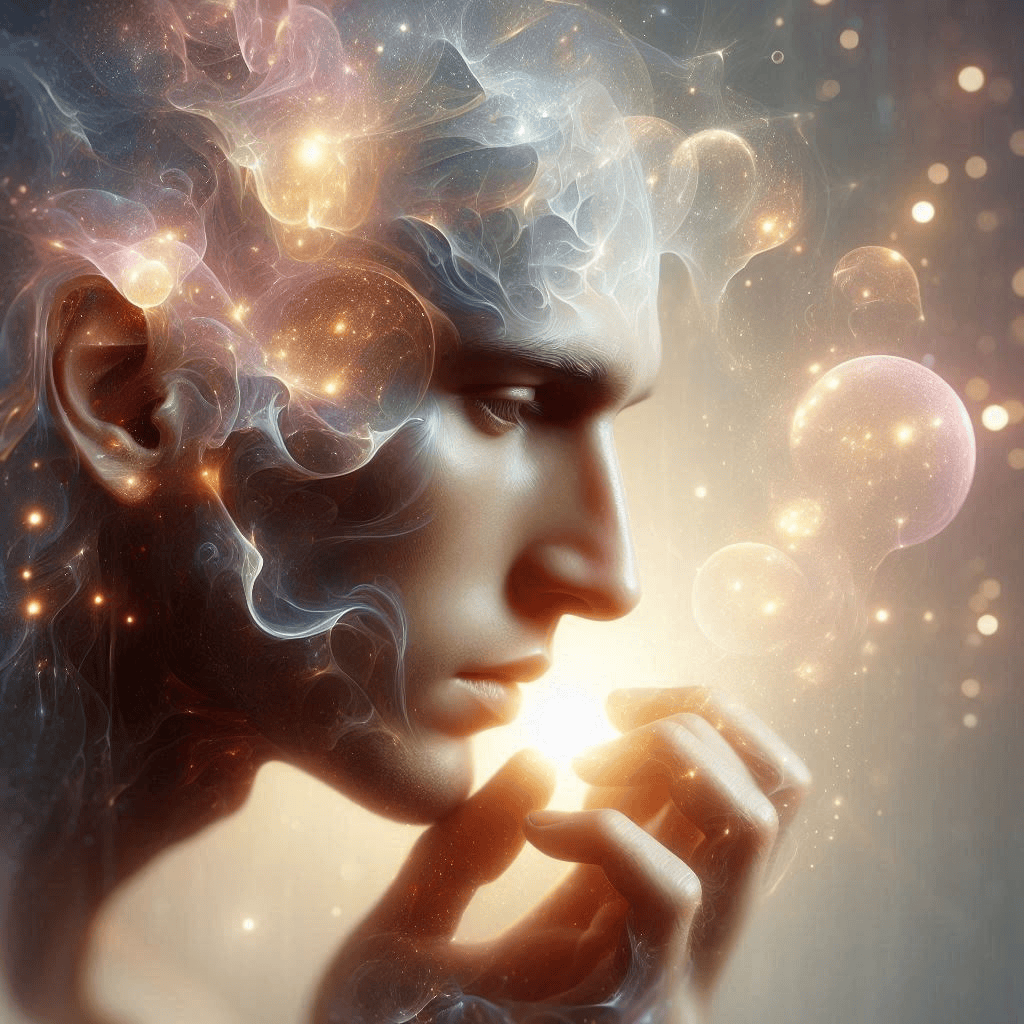 Les Formes Pensées : Créez ou Subissez Vous Votre Réalité ? un visage et des formes pensées qui se matérialisent sous forme de nuages lumineux
