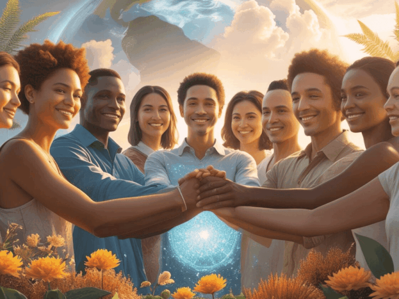 Ascension : Du Service à Soi au Service à Autrui : un groupe d'humains en cercle unis dans le service aux autres, la coopération la paix et l'unité