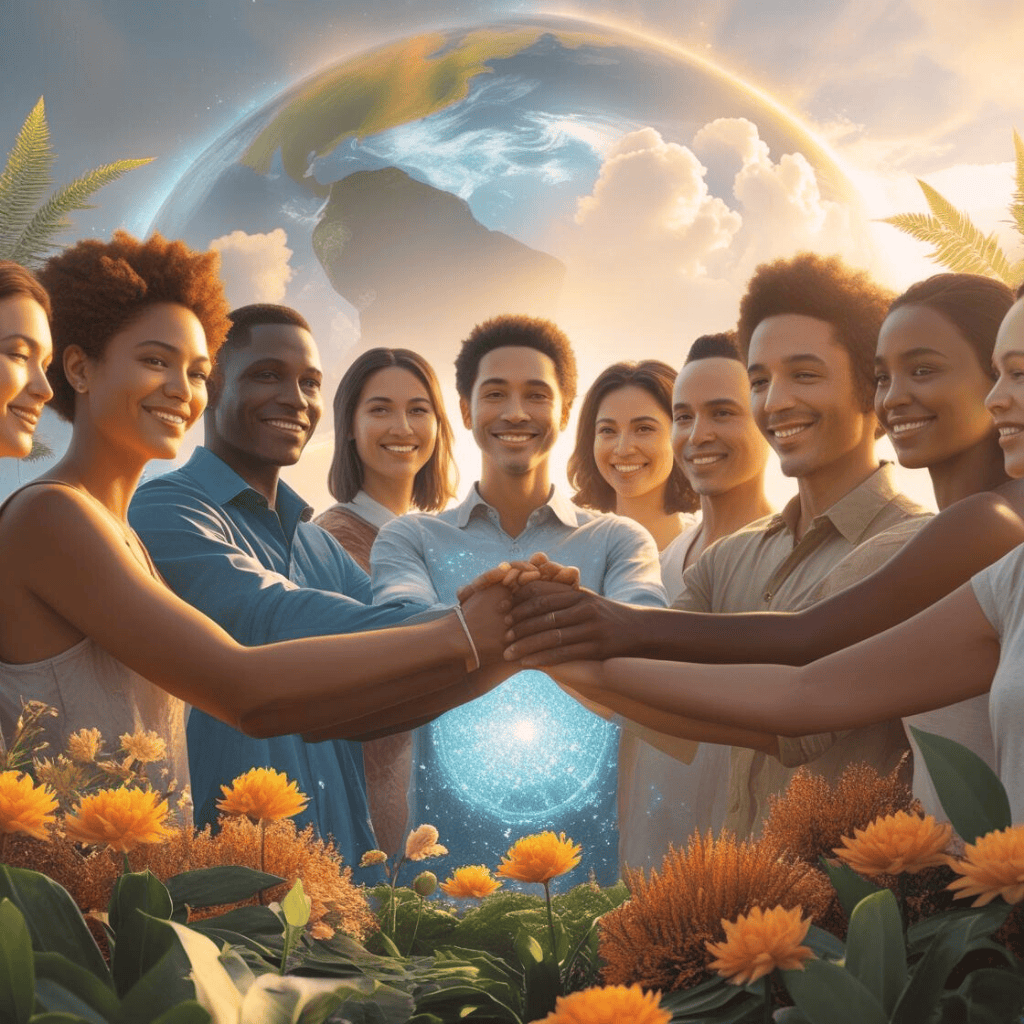 Ascension : Du Service à Soi au Service à Autrui : un groupe d'humains en cercle unis dans le service aux autres, la coopération la paix et l'unité