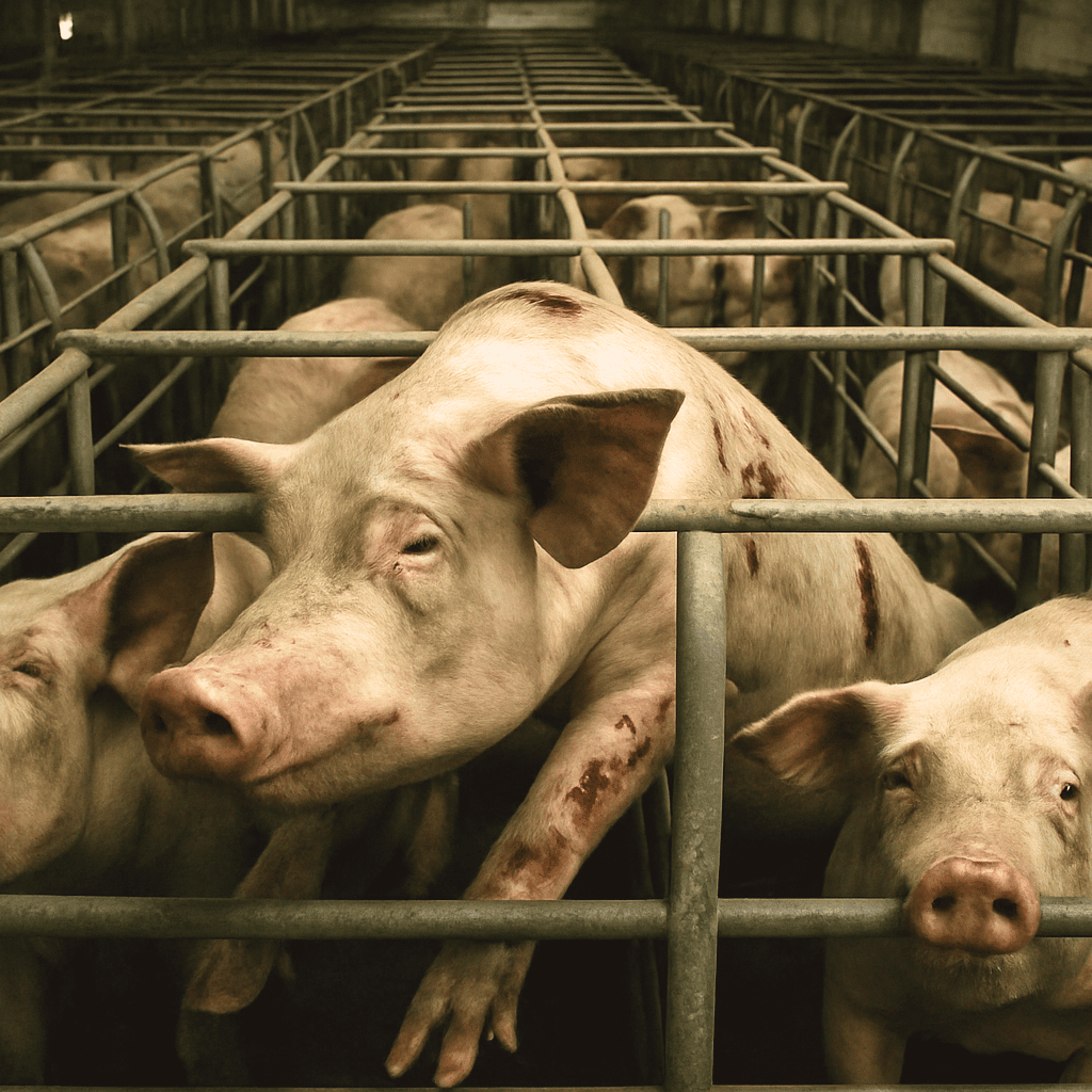 Elevage intensif de porcs où les animaux sont enfermés dans des cages sans jamais voir le jour ni la nature