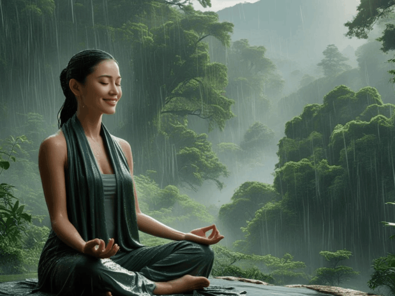 Chant de la Pluie – Libération Émotionnelle & Reconnexion: une belle femme médite sous la pluie dans la foret