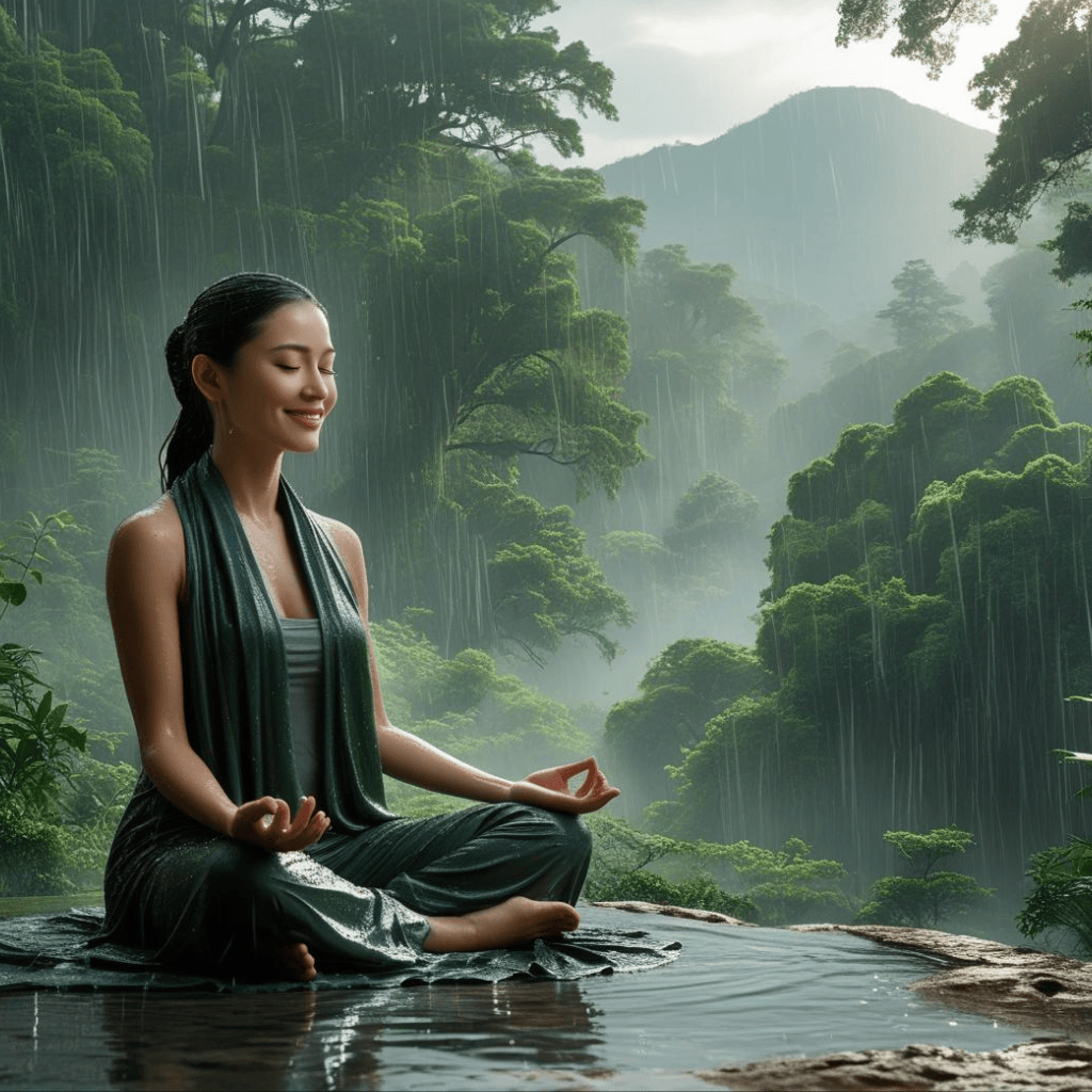 Chant de la Pluie – Libération Émotionnelle & Reconnexion: une belle femme médite sous la pluie dans la foret