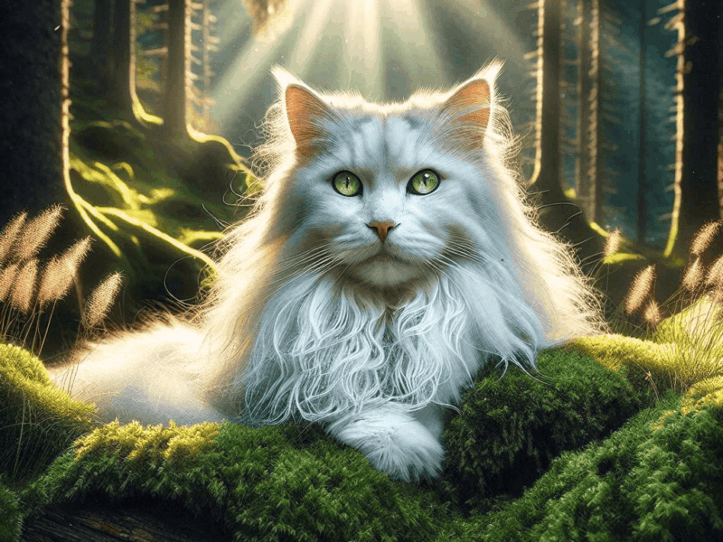 Reconnaître l’Âme animale : Clé de l’évolution humaine : un chat blanc magnifique au regard intense au milieu d'une foret
