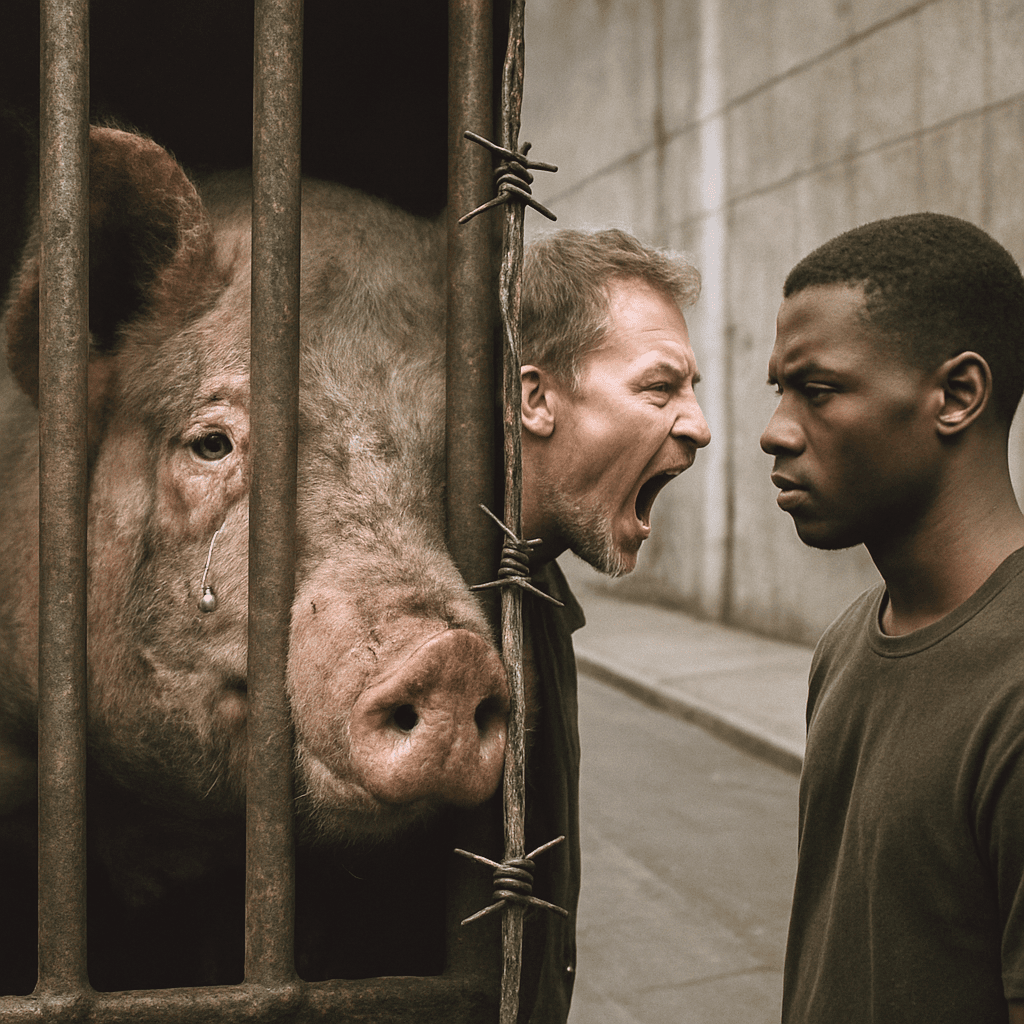 Discriminer l’Humain Massacrer l’animal : Les Deux visages d’une même inconscience, un cochon derrière des barreaux et un homme blanc insultant un homme noir