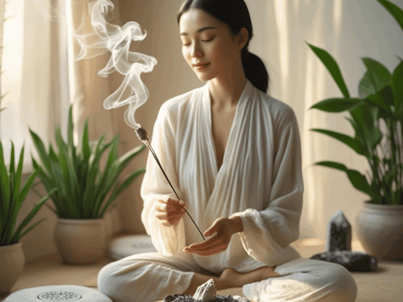 Le Pouvoir Purificateur des Plantes & Encens : une jeune femme fait bruler un bâton de sauge pour purifier son environnement