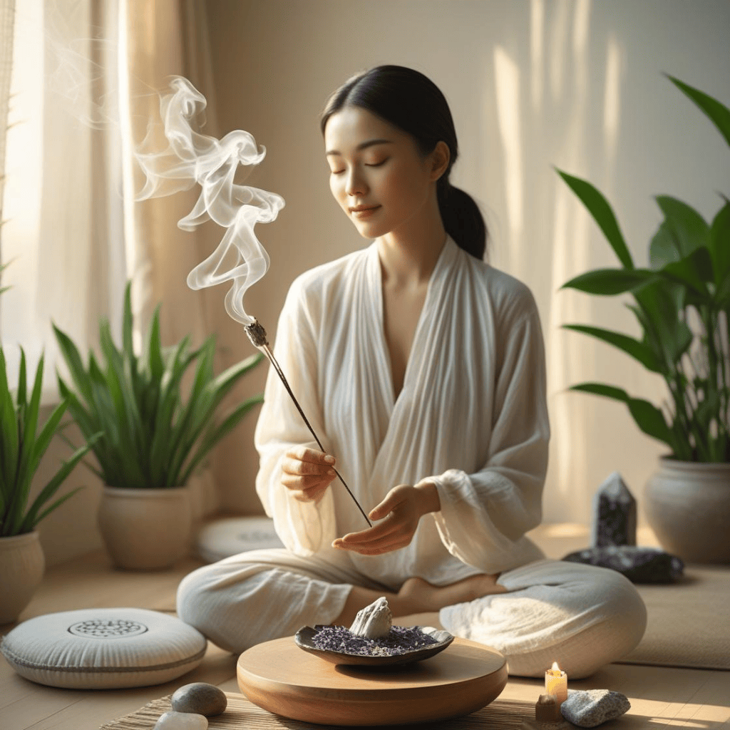 Le Pouvoir Purificateur des Plantes & Encens : une jeune femme fait bruler un bâton de sauge pour purifier son environnement