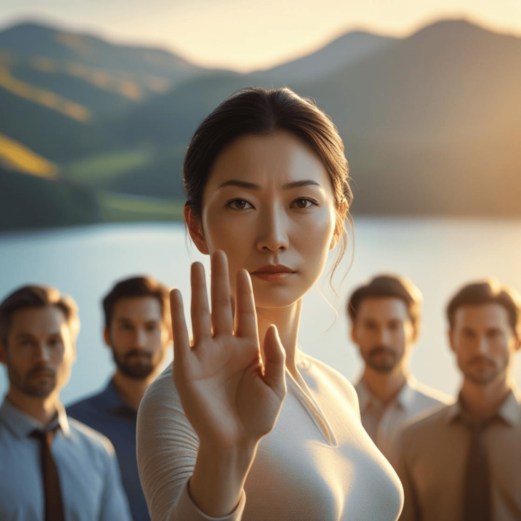 Pourquoi Apprendre à dire "Non" est un Acte de Guérison Profonde : une femme lève la main qui symbolise le nom à un groupe de personnes