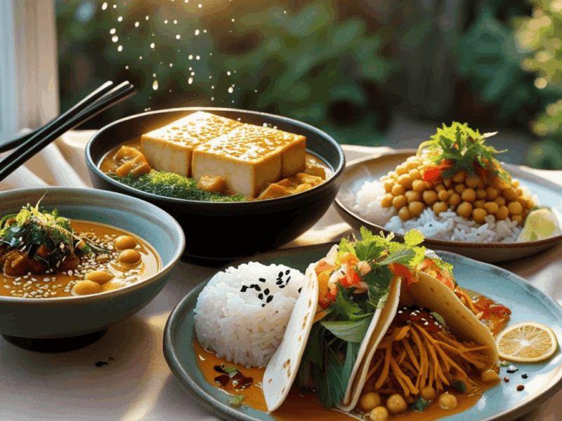 Assortiment de plats végétaliens variés, comprenant du tofu au sésame avec légumes et sauce, un curry de pois chiches, du riz parfumé et des tacos garnis de légumes frais, servis dans des assiettes en céramique avec un éclairage chaleureux au coucher du soleil.