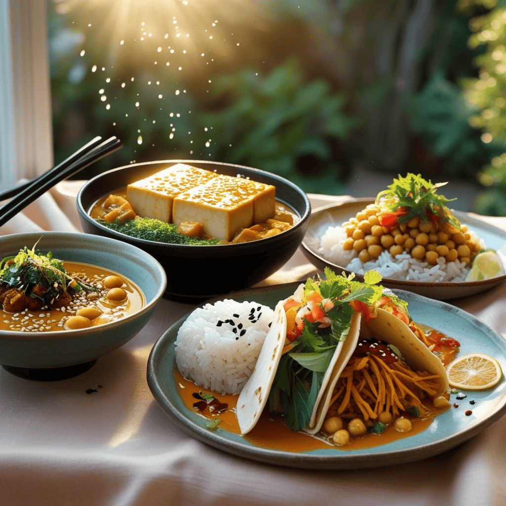 Assortiment de plats végétaliens variés, comprenant du tofu au sésame avec légumes et sauce, un curry de pois chiches, du riz parfumé et des tacos garnis de légumes frais, servis dans des assiettes en céramique avec un éclairage chaleureux au coucher du soleil.