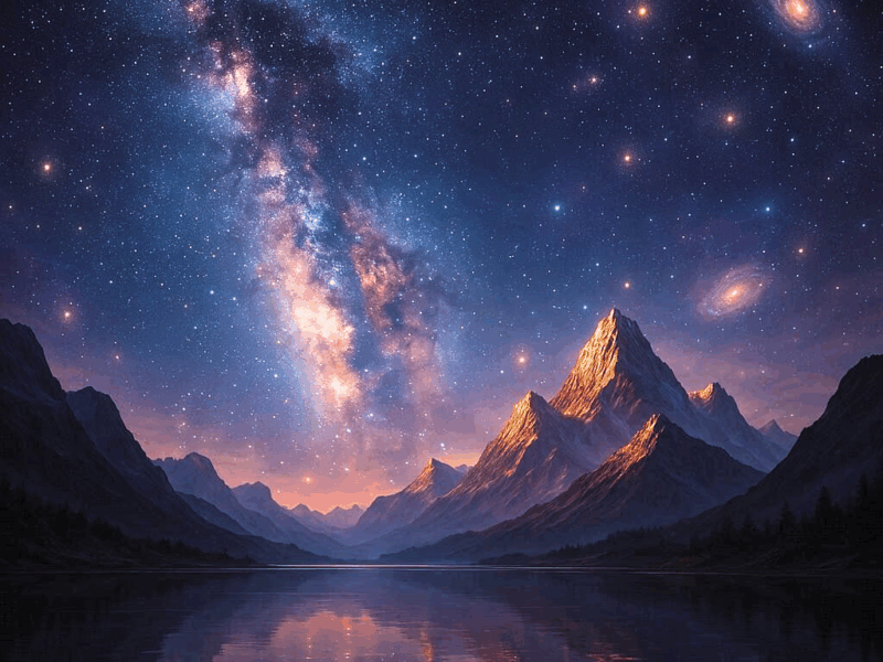 Paysage céleste sous la Voûte Céleste, montagnes majestueuses et Voie lactée se reflétant dans un lac paisible, ambiance mystique pour la méditation et la relaxation.