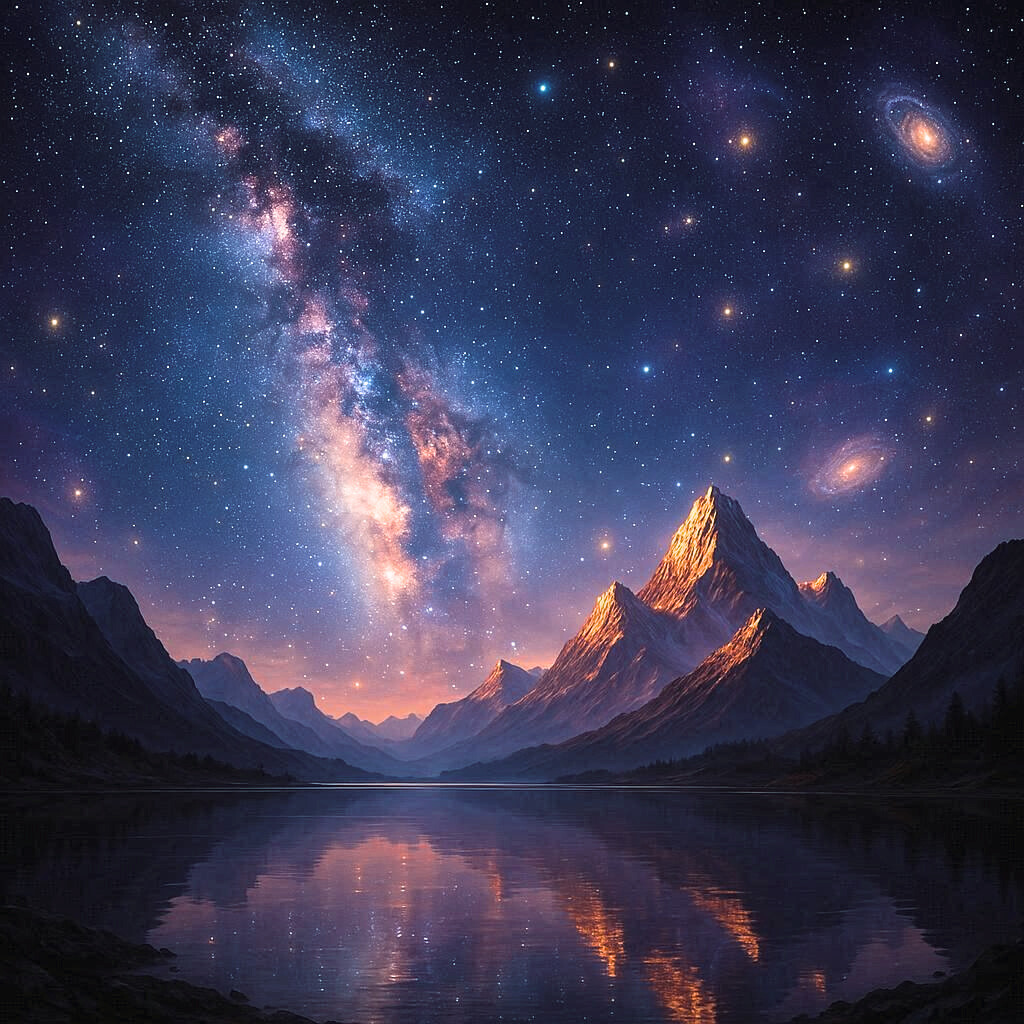 Paysage céleste sous la Voûte Céleste, montagnes majestueuses et Voie lactée se reflétant dans un lac paisible, ambiance mystique pour la méditation et la relaxation.