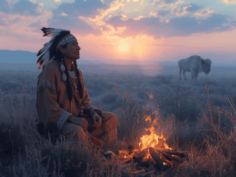 Chaman amérindien assis en méditation près d’un feu sacré, avec un bison blanc dans une plaine au lever du soleil.