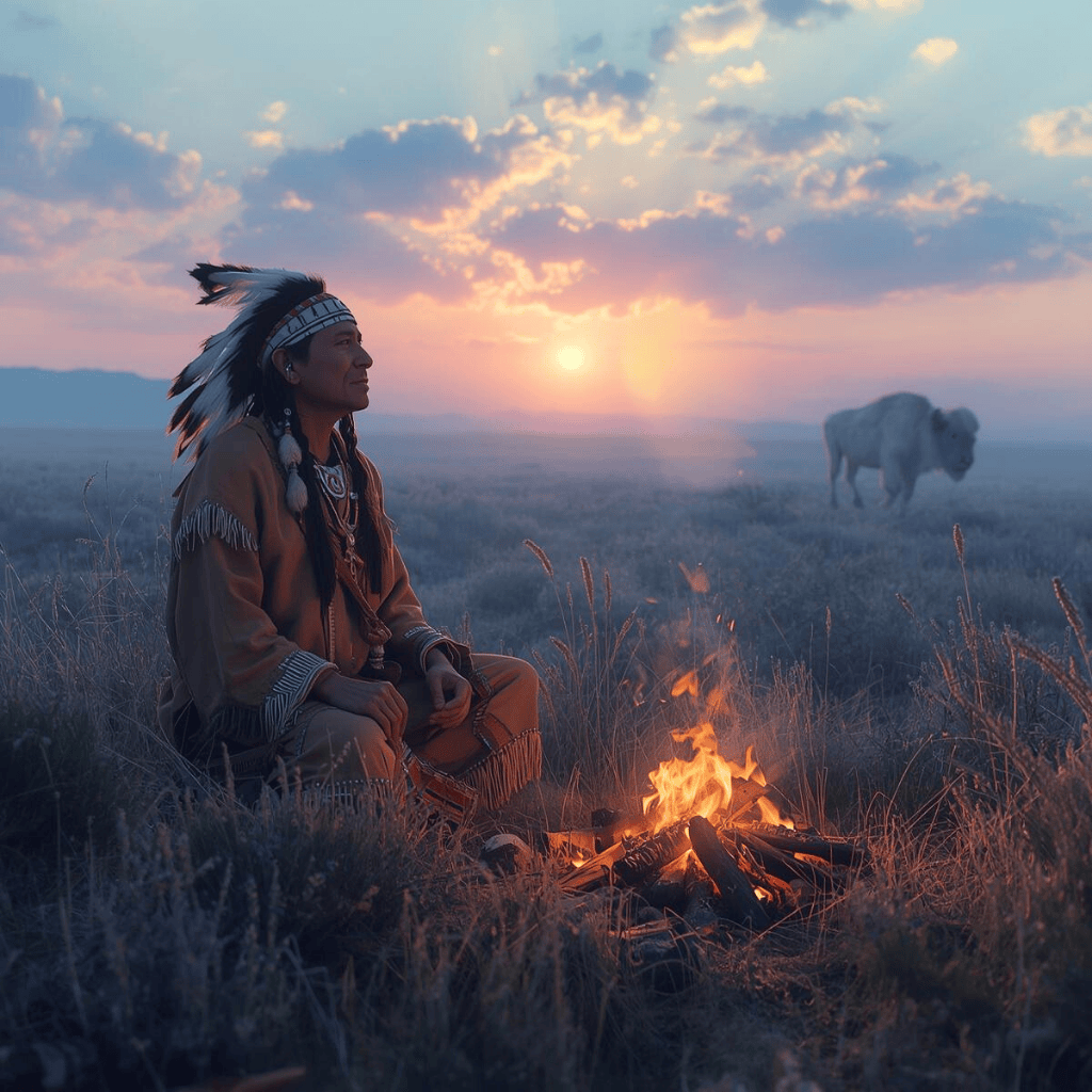 Chaman amérindien assis en méditation près d’un feu sacré, avec un bison blanc dans une plaine au lever du soleil.
