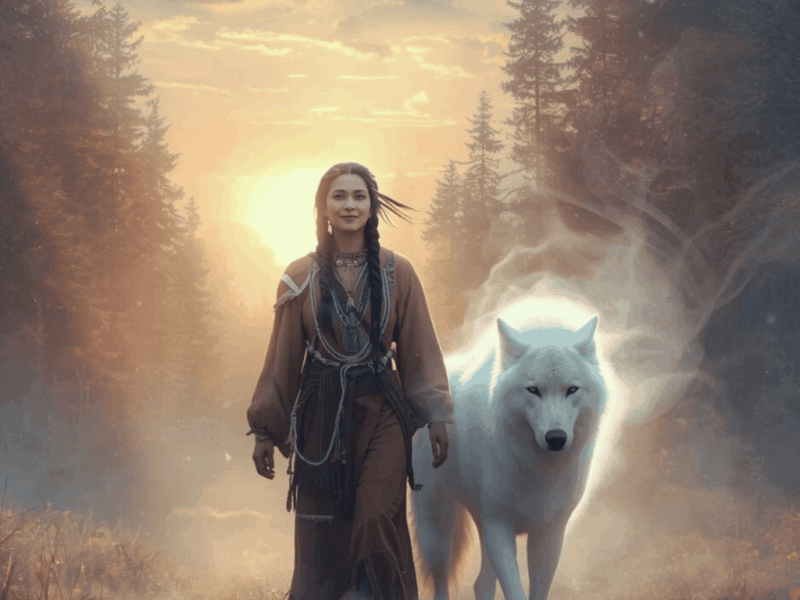 Femme chaman amérindienne en vêtements traditionnels marchant dans la forêt aux côtés de son animal totem, un loup blanc majestueux
