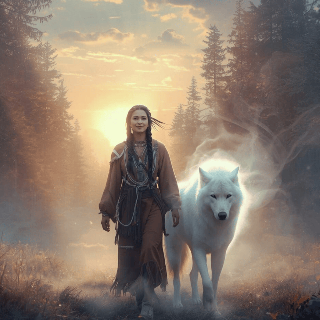Femme chaman amérindienne en vêtements traditionnels marchant dans la forêt aux côtés de son animal totem, un loup blanc majestueux