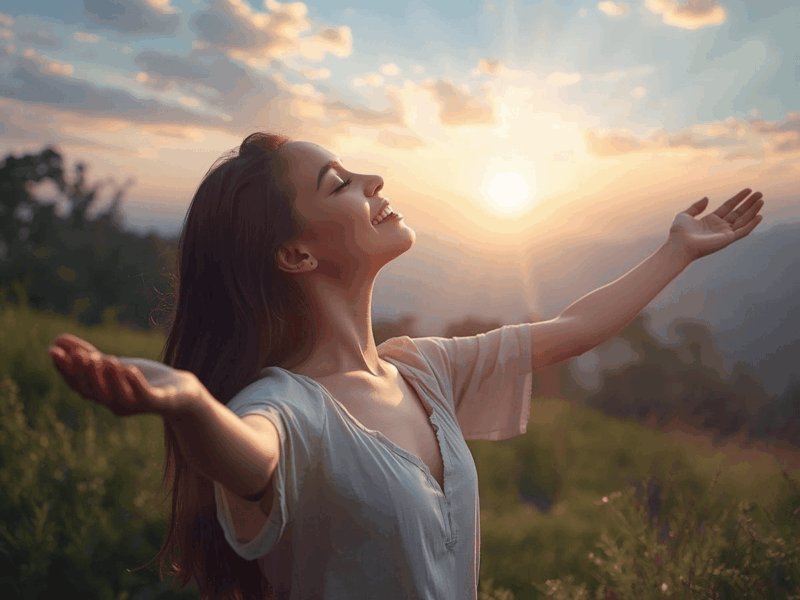 Femme debout en pleine nature, légèrement de profil, les bras ouverts vers le ciel, souriante et rayonnante de joie et de sérénité, symbolisant la loi d’attraction et l’abondance universelle.