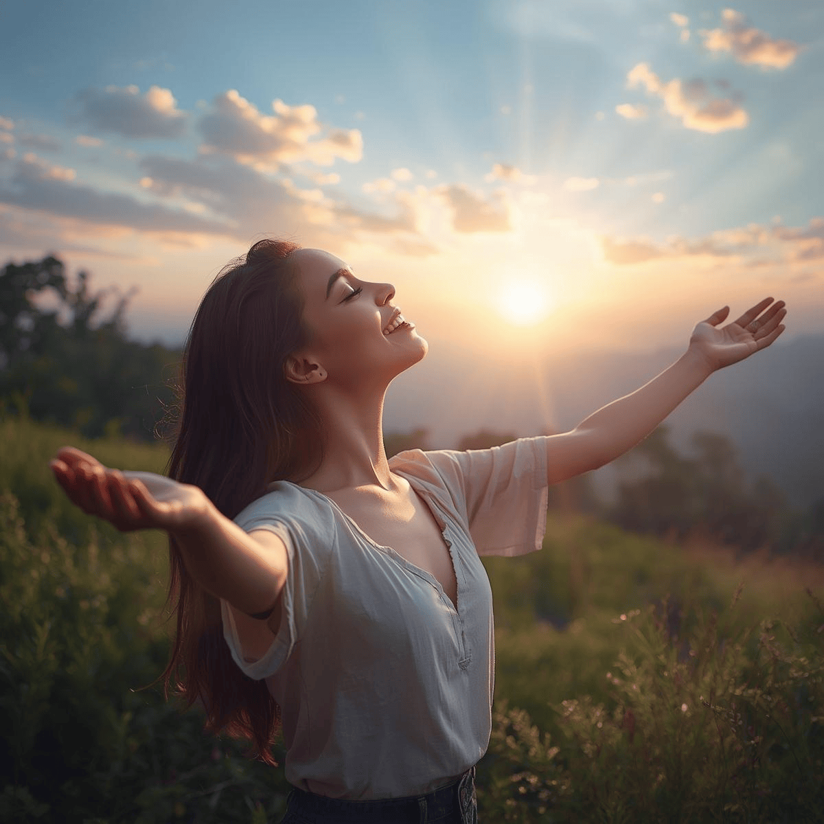Femme debout en pleine nature, légèrement de profil, les bras ouverts vers le ciel, souriante et rayonnante de joie et de sérénité, symbolisant la loi d’attraction et l’abondance universelle.