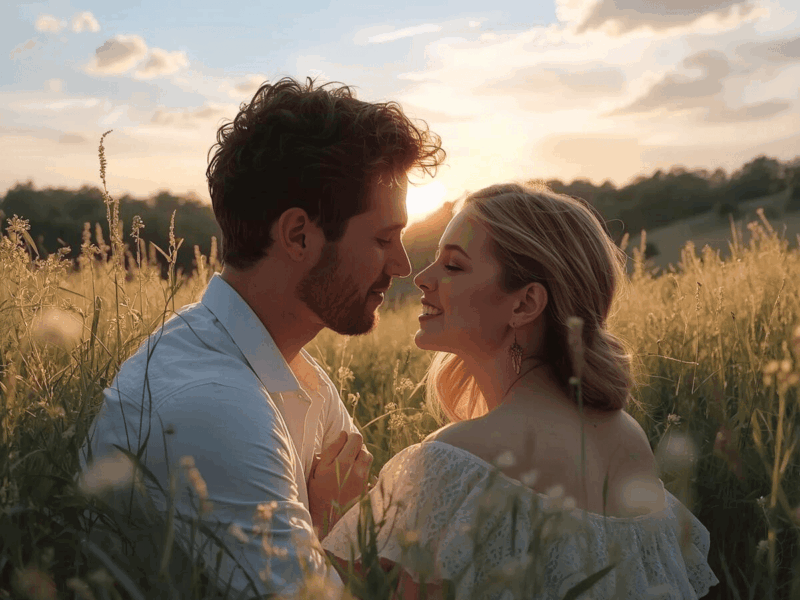 Couple amoureux assis dans un champ au coucher du soleil, échangeant un regard tendre et lumineux, symbole de l’amour conscient, de la liberté intérieure et du lâcher-prise spirituel.