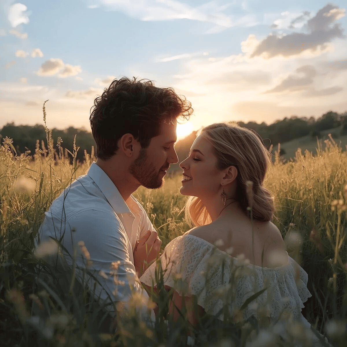Couple amoureux assis dans un champ au coucher du soleil, échangeant un regard tendre et lumineux, symbole de l’amour conscient, de la liberté intérieure et du lâcher-prise spirituel.