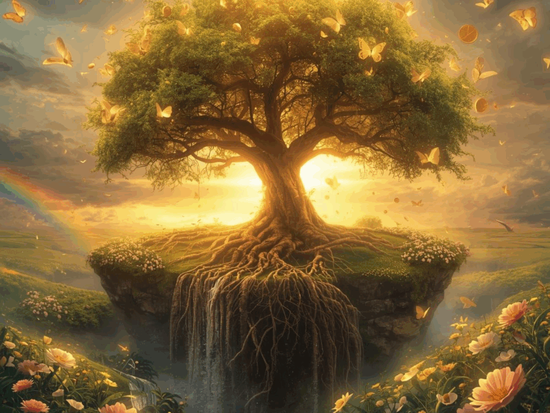 Arbre majestueux baigné de lumière dorée, symbolisant l’abondance, la croissance spirituelle et le flux de prospérité universelle, illustrant l’article “50 affirmations positives pour attirer l’abondance” sur neurosciences-meditation.fr.