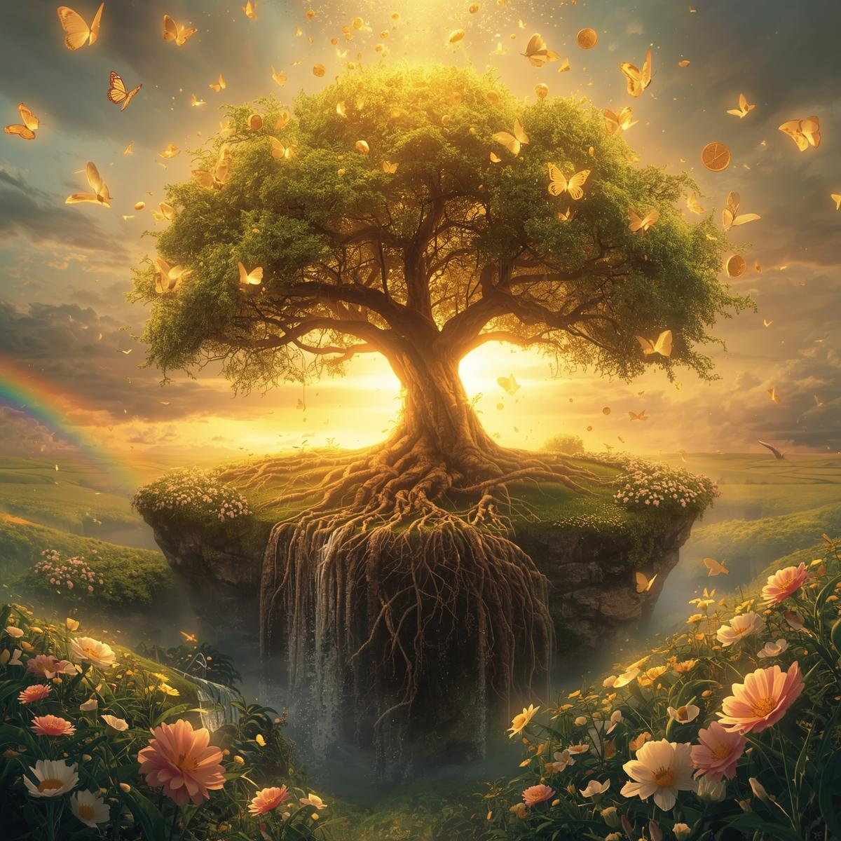 Arbre majestueux baigné de lumière dorée, symbolisant l’abondance, la croissance spirituelle et le flux de prospérité universelle, illustrant l’article “50 affirmations positives pour attirer l’abondance” sur neurosciences-meditation.fr.