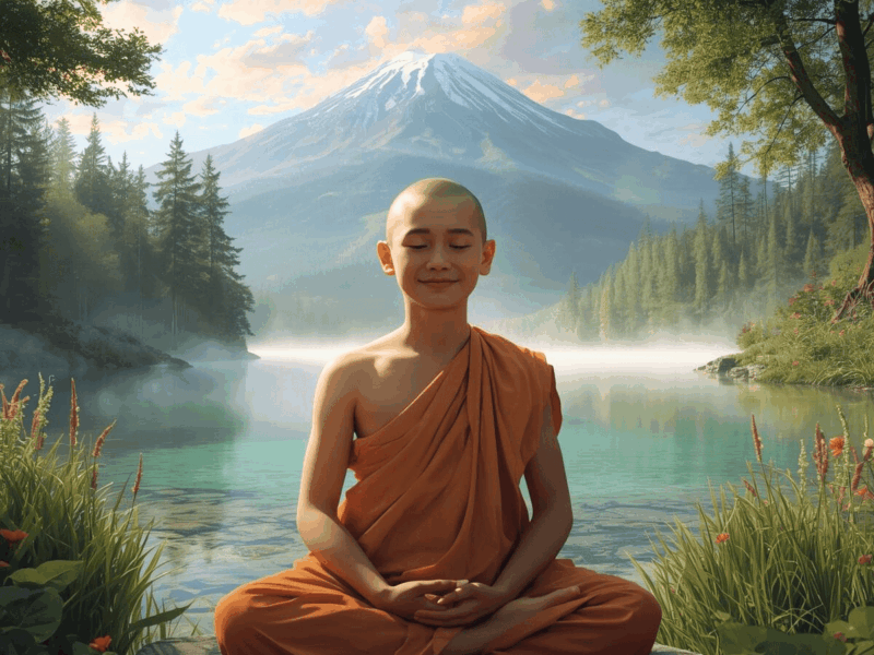 Jeune moine en méditation paisible au bord d’un lac vert transparent, entouré de nature verdoyante et de montagnes enneigées sous un ciel pastel.