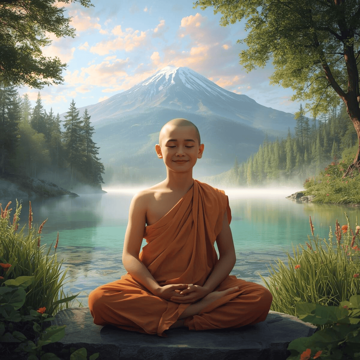 Jeune moine en méditation paisible au bord d’un lac vert transparent, entouré de nature verdoyante et de montagnes enneigées sous un ciel pastel.