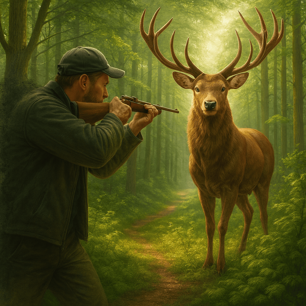 Image d’un chasseur visant un cerf majestueux entouré d’une aura lumineuse dans une forêt, symbolisant le contraste entre conscience primitive et éveil du vivant.