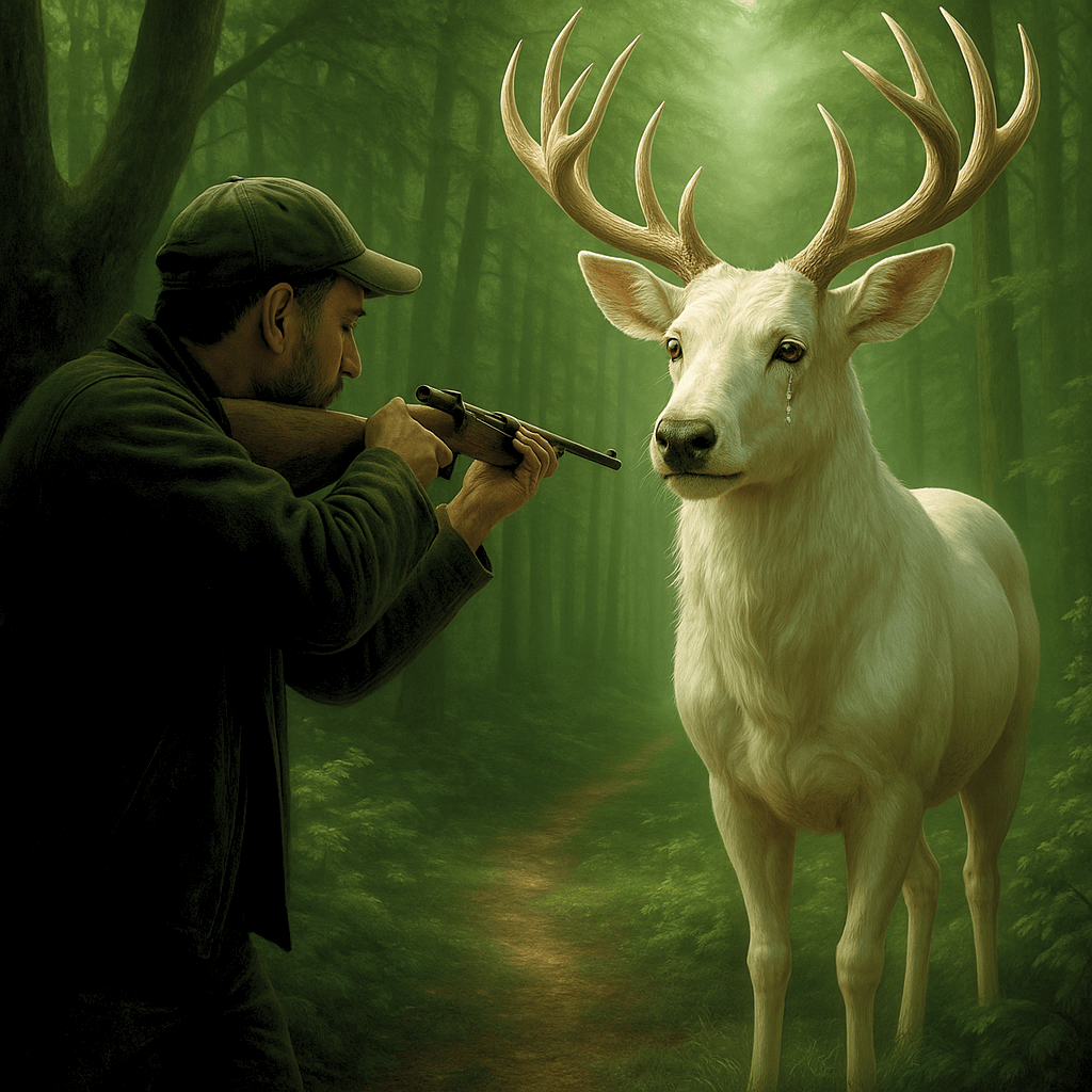 Image d’un chasseur visant un cerf majestueux entouré d’une aura lumineuse dans une forêt, symbolisant le contraste entre conscience primitive et éveil du vivant.